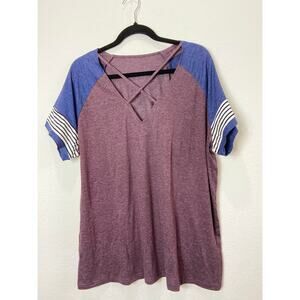 NWOT Women's V-Neck Short Sleeve T-shirt Criss Cross Casual Purple Blue XXL